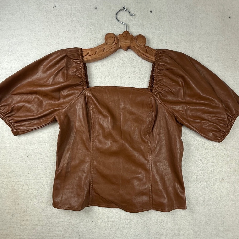Marc New York Brown Faux Leather Puff Sleeve Top M romantic dark academia chic - Picture 6 of 10